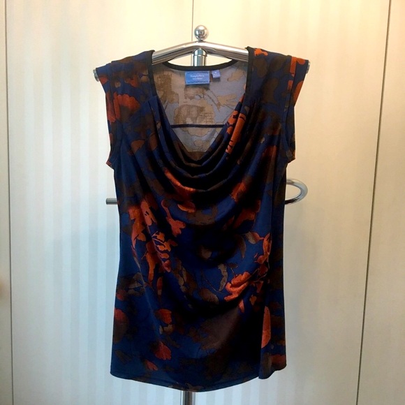 Vera Wang sleeveless blouse blue brown flowers Size M - Picture 1 of 7